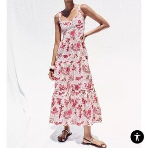 ZARA NEW WOMAN STRAPPY FLORAL PRINTED CUT OUT MIDI DRESS PINK WHITE 3969/221/046